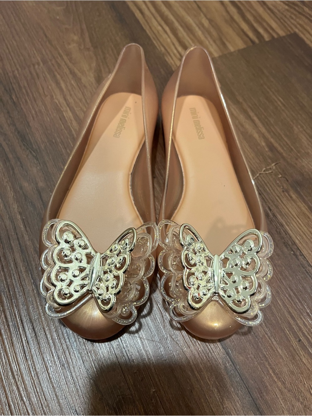 MINI MELISSA Sweet Love Fly II Gold Flats Size 1 US Scented